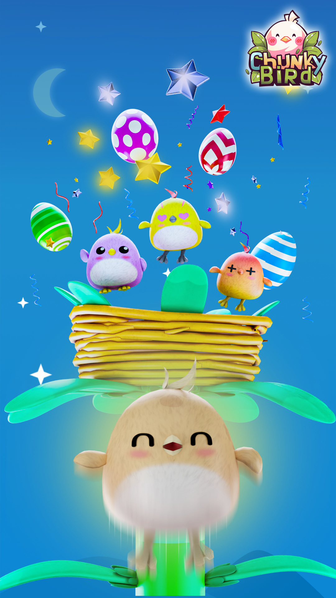 A screenshot of the ChunkyBird displaying the level completion with bird happily dancing under the nest full of colorful eggs