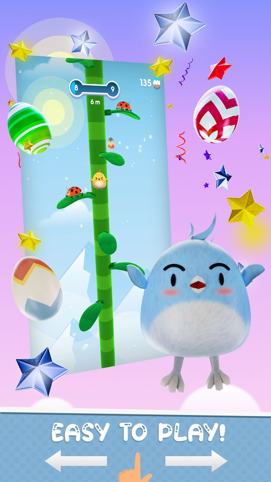 In-game screenshot of Chunky Bird, showing character jumping on leaves, as well as another colorful game character