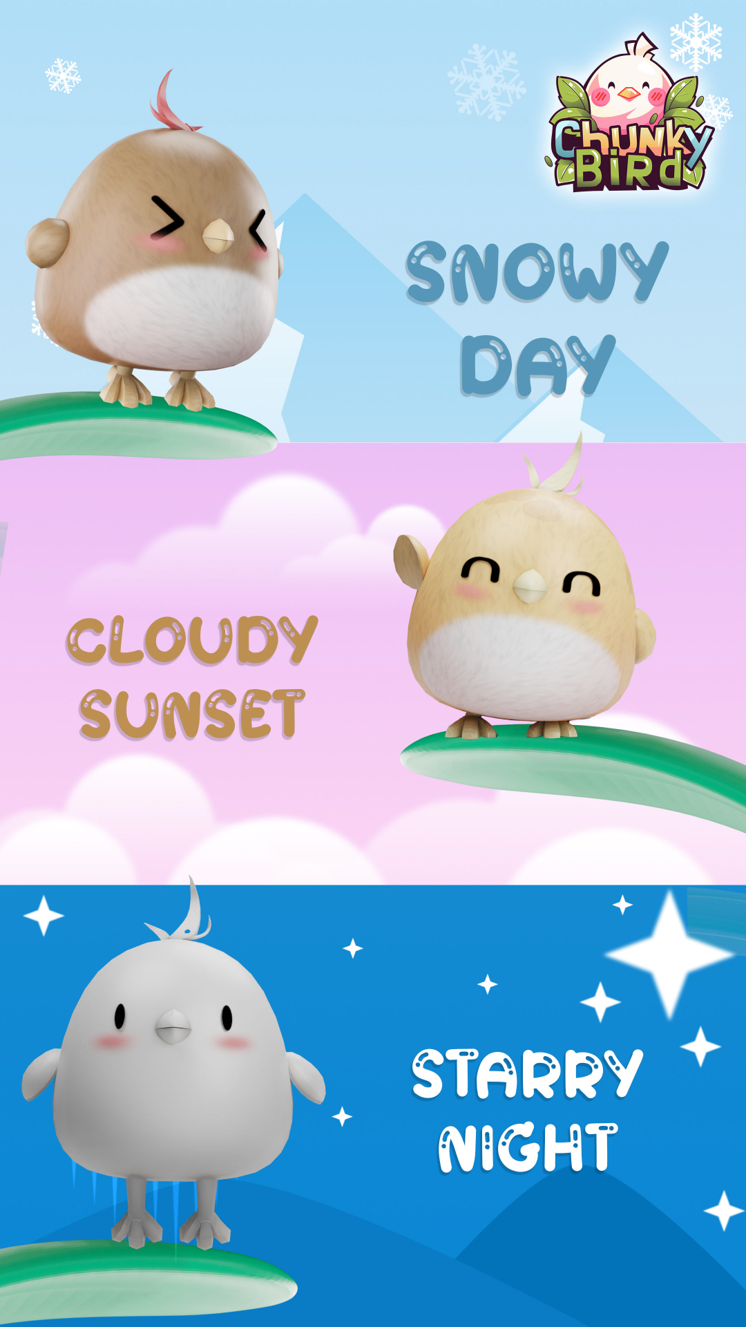 A screenshot of the ChunkyBird, featuring three enchanting environments starry night, cloudy sunset, and snowy day, each with its distinct charm